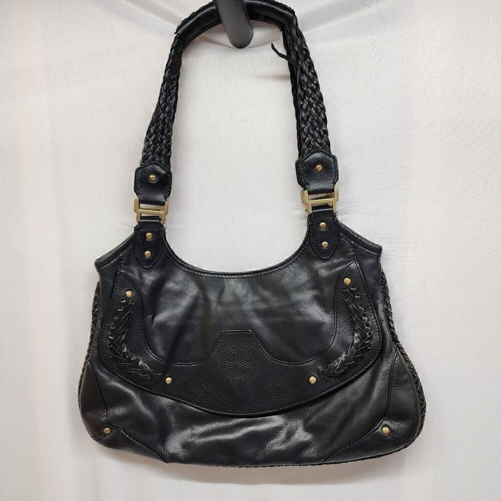 Cole Haan Black Leather Purse Shoulder Bag Braided Trim Double Straps
